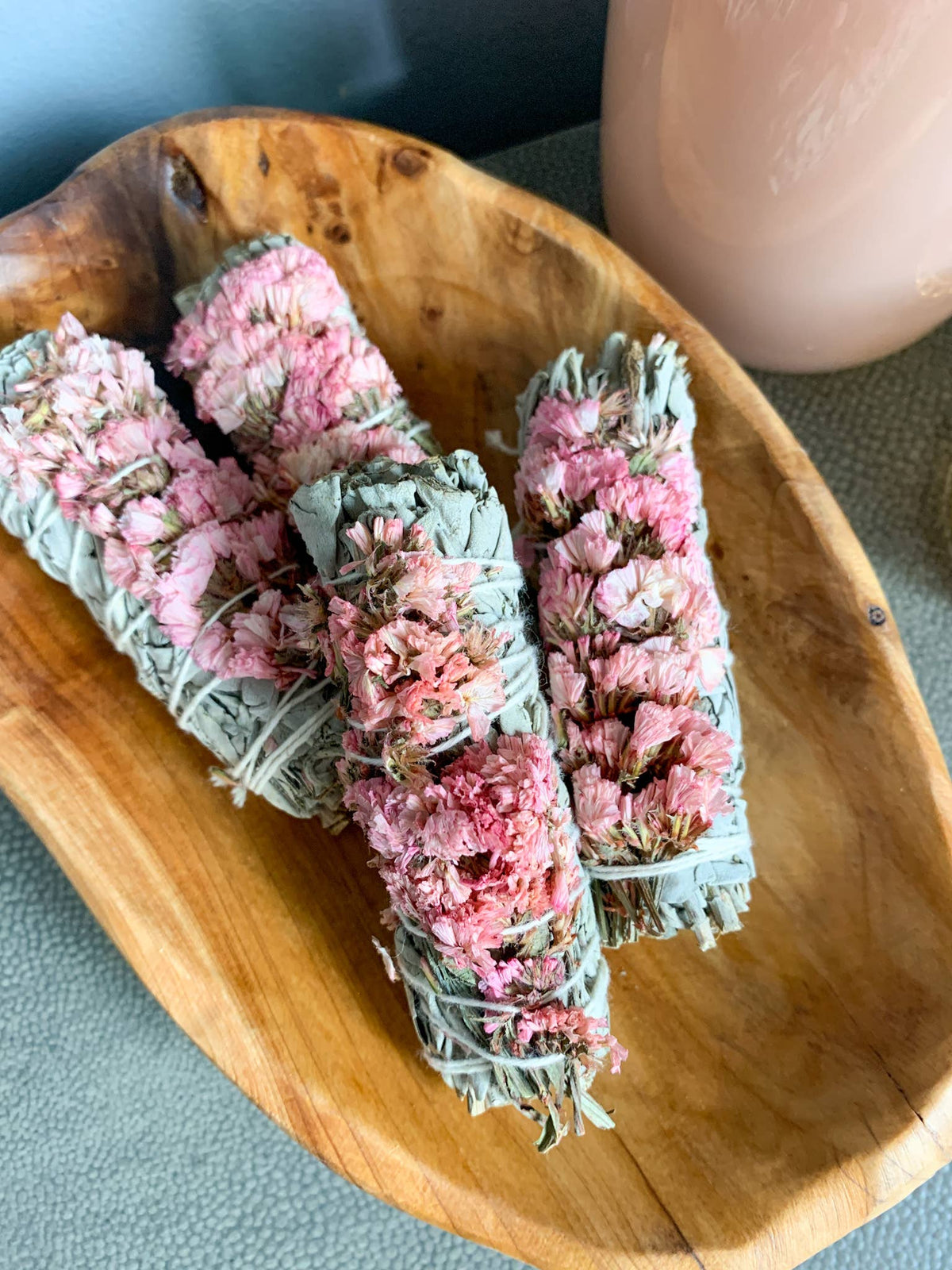 Pink Statice Flower White Sage Smudge Wand