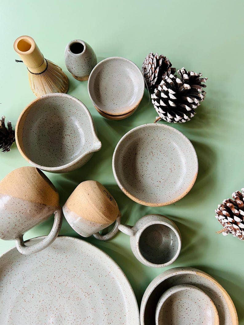 Wide bottom Matcha Bowl-Handmade Set- bowl and chasen holder: White