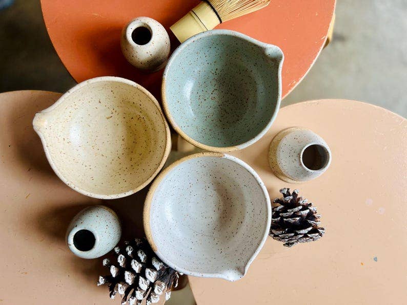 Wide bottom Matcha Bowl-Handmade Set- bowl and chasen holder: White