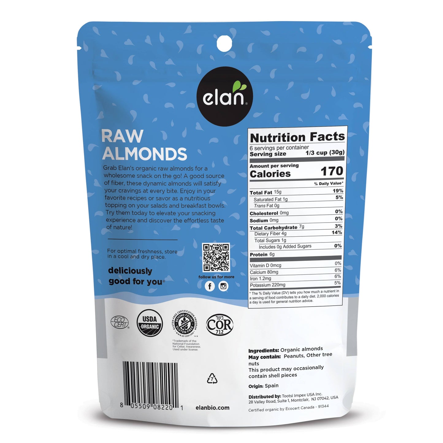 Elan - Elan Organic Raw Almonds, Nuts, Snacks, Gluten Free (7 oz)