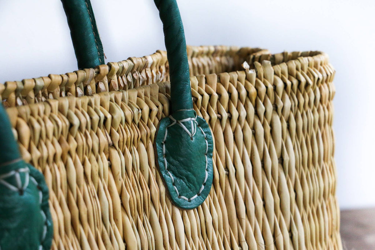 Medina - Water Reed Tote with Green Handles: Large / Long Handle