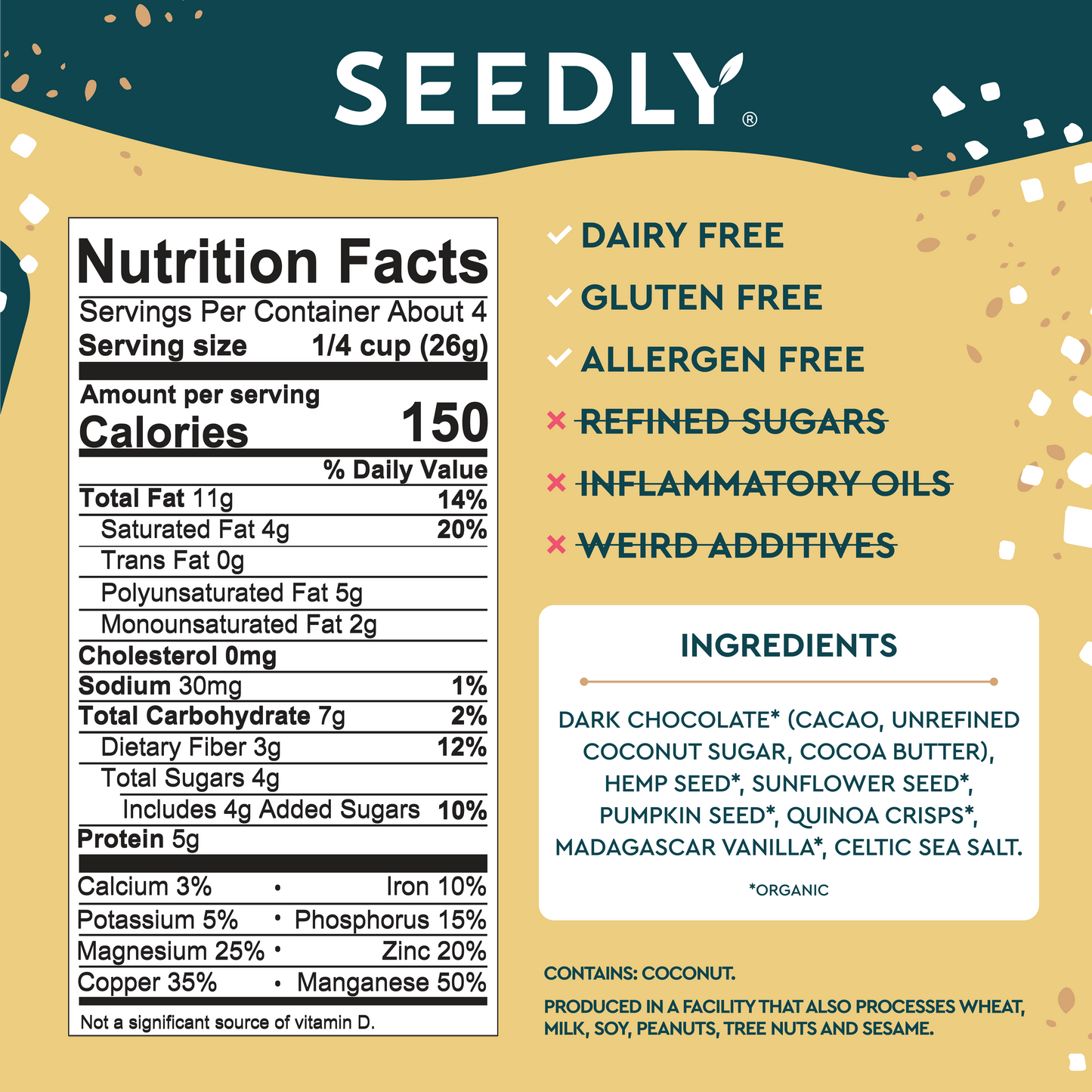 SEEDLY Foods - SEEDLY, Vanilla Quinoa Crunch, Dark Chocolate Bark, 3.6 Oz.