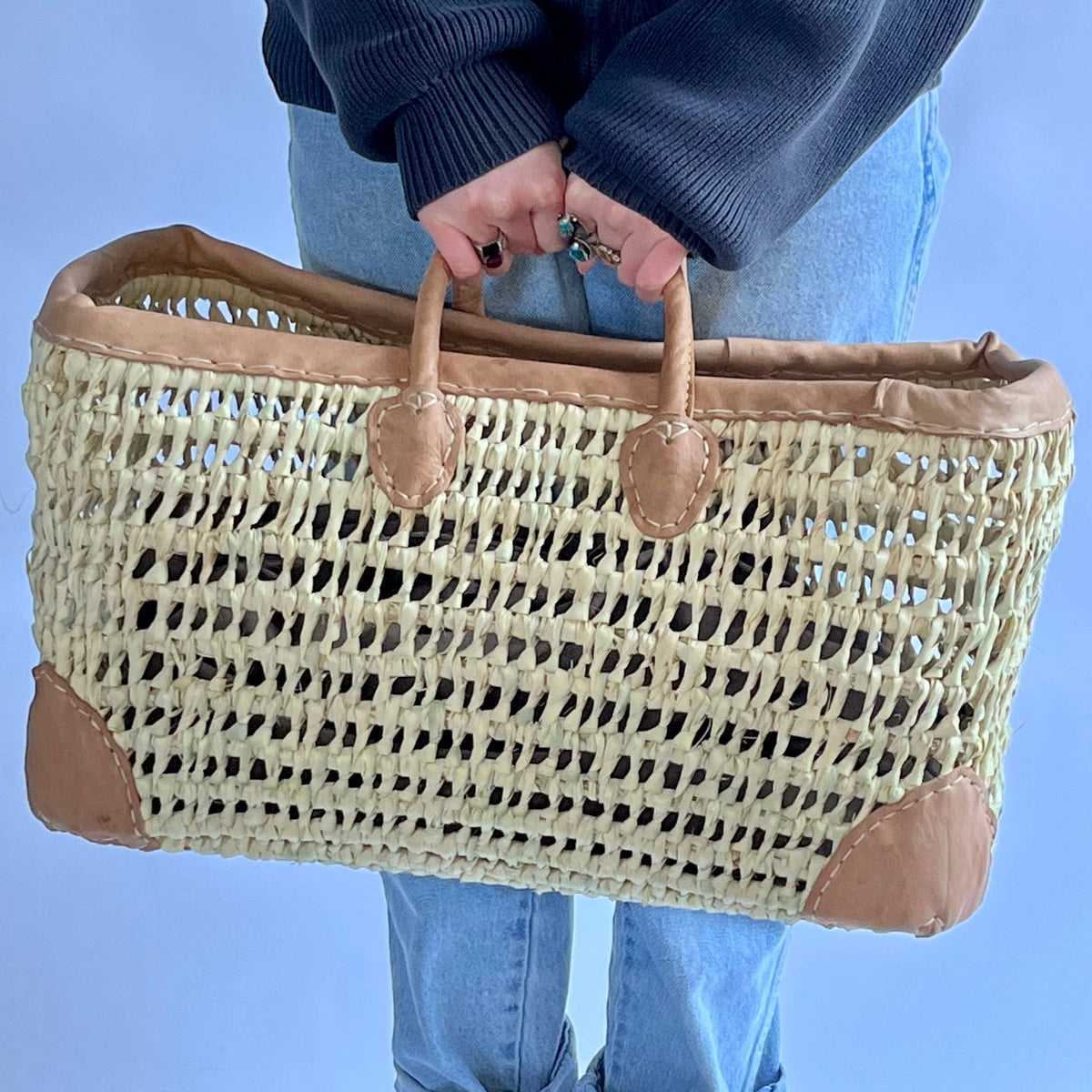 Medina - Open Weave Basket with Leather Trim: Medium