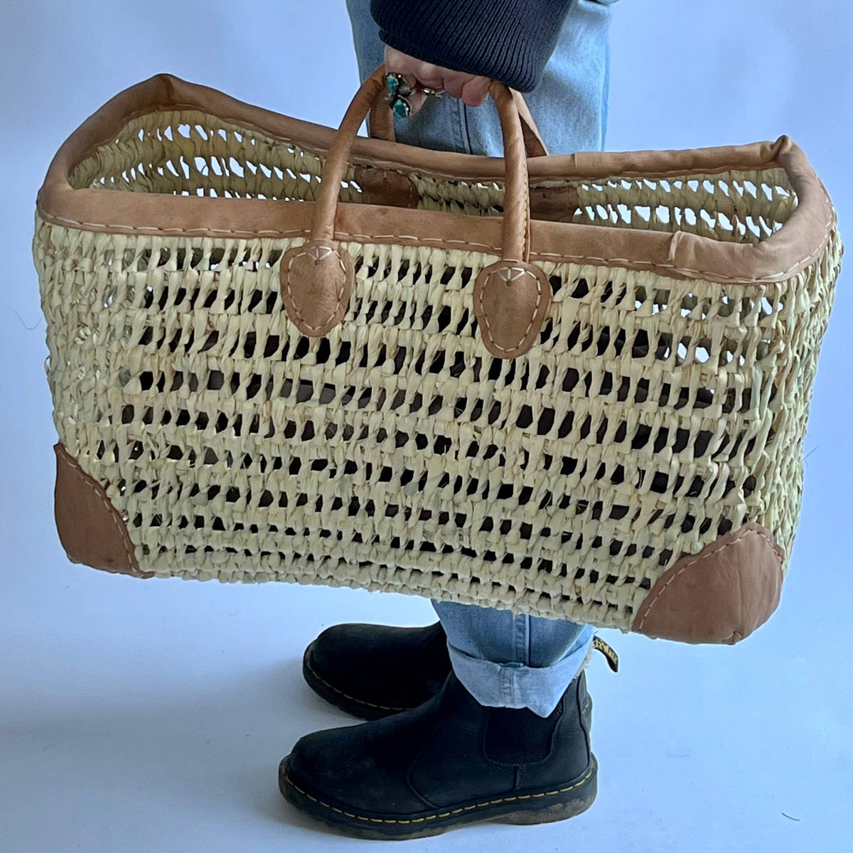 Medina - Open Weave Basket with Leather Trim: Medium