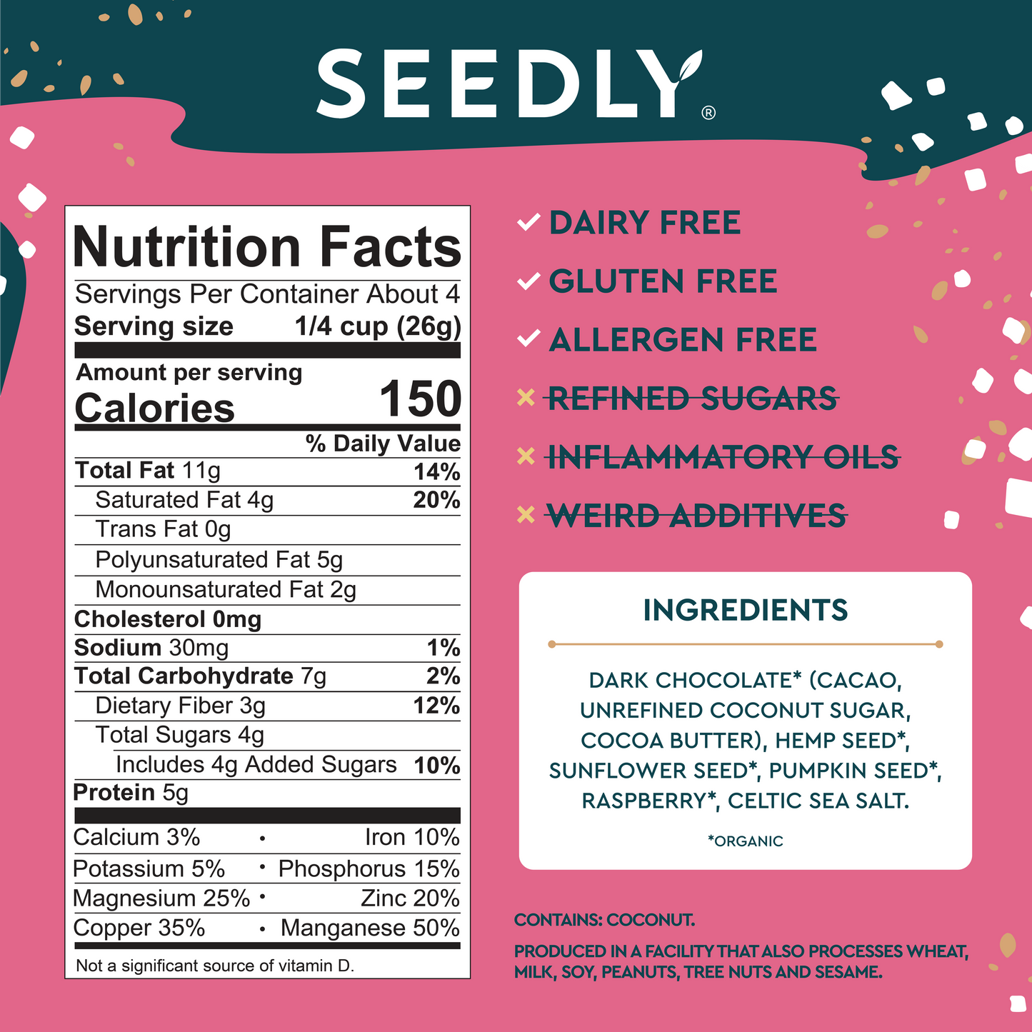 SEEDLY Foods - SEEDLY, Raspberry Bliss, Dark Chocolate Bark, 3.6 Oz.