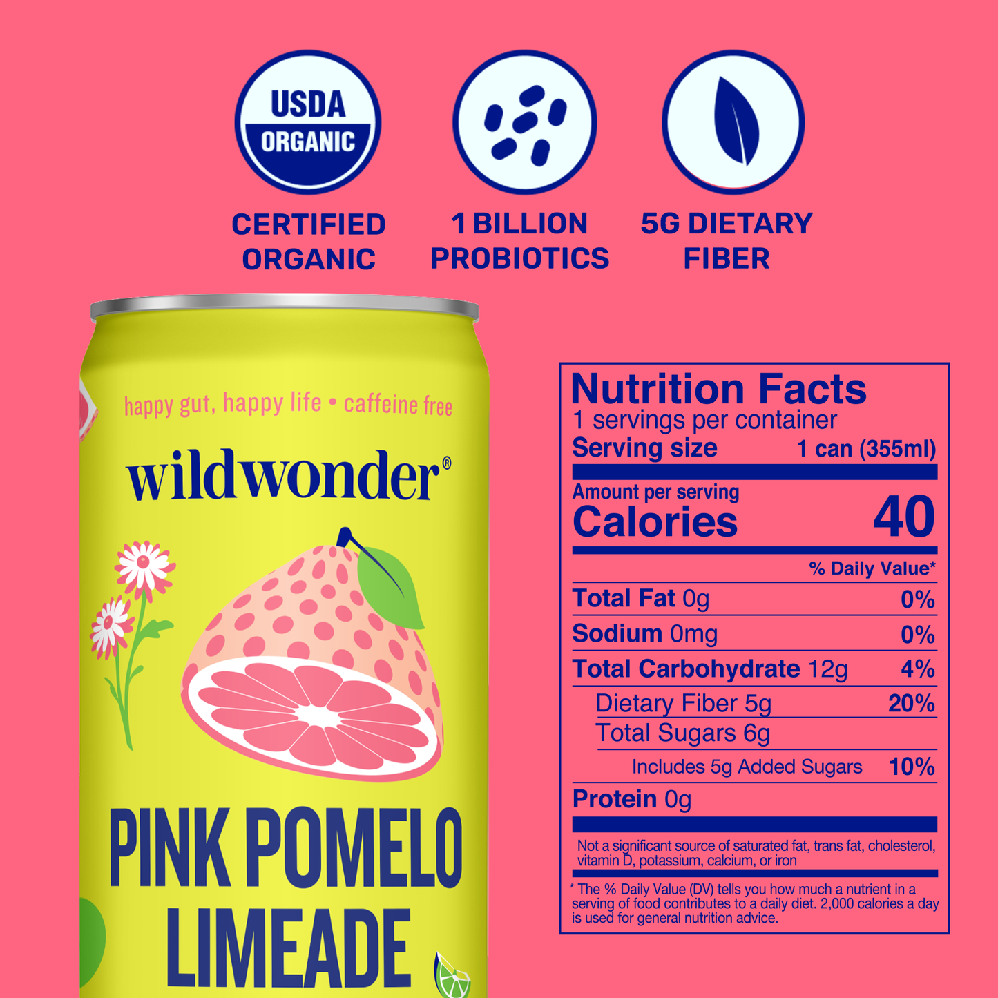 Pink Pomelo Limeade - Prebiotic + Probiotic Sparkling Drink (12 fl oz)