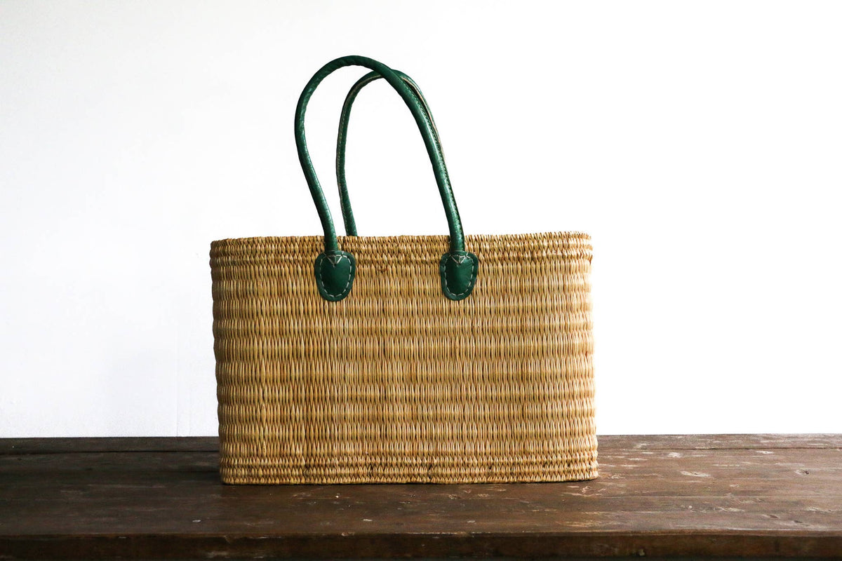Medina - Water Reed Tote with Green Handles: Medium / Long Handle