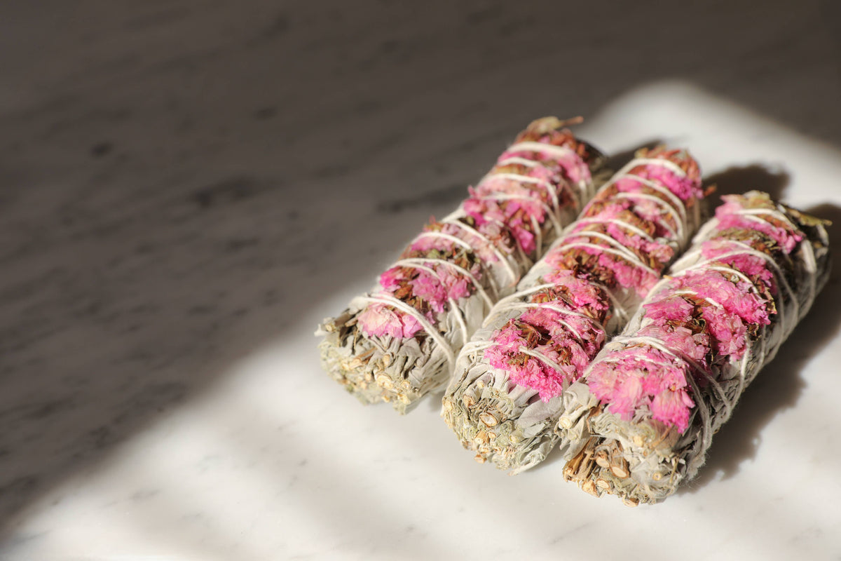 Pink Statice Flower White Sage Smudge Wand