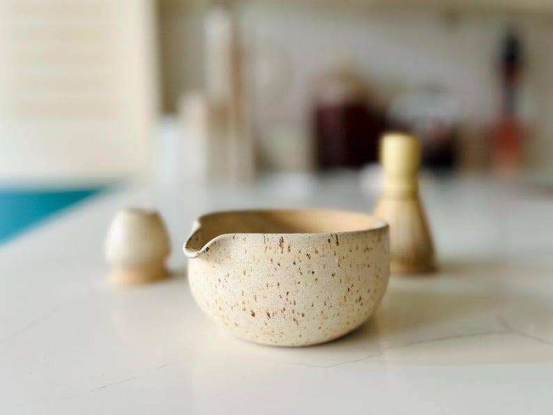 Wide bottom Matcha Bowl-Handmade Set- bowl and chasen holder: White