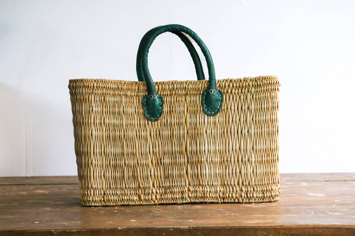 Medina - Water Reed Tote with Green Handles: Medium / Long Handle