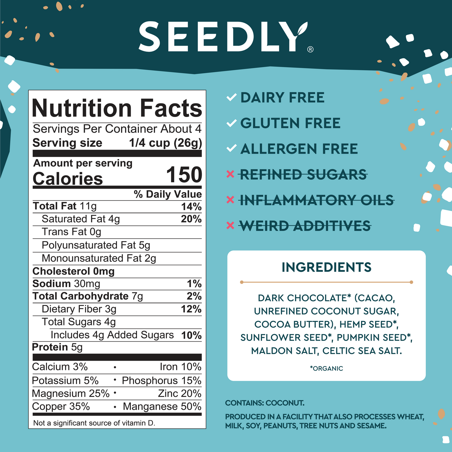 SEEDLY Foods - SEEDLY, Celtic Sea Salt, Dark Chocolate Bark, 3.6 Oz.
