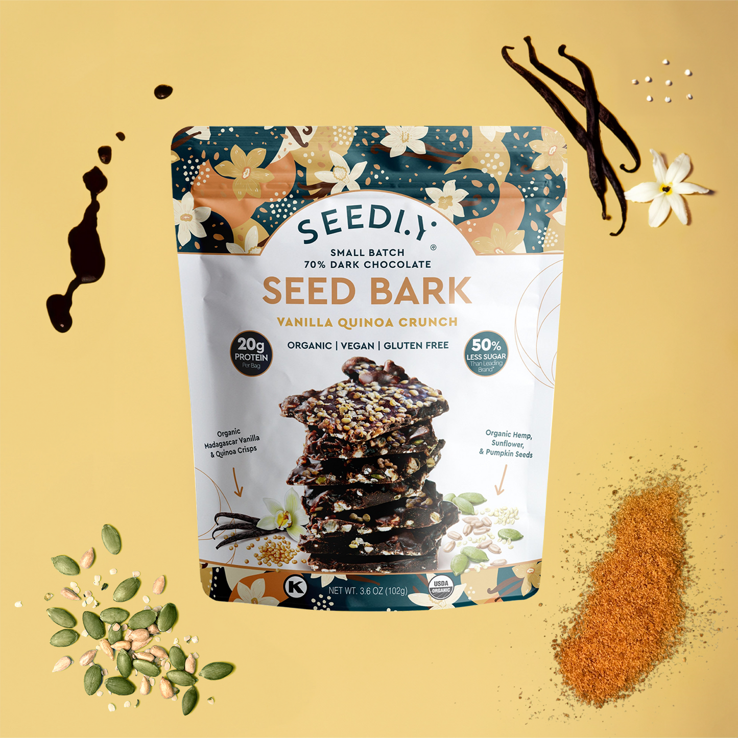 SEEDLY Foods - SEEDLY, Vanilla Quinoa Crunch, Dark Chocolate Bark, 3.6 Oz.
