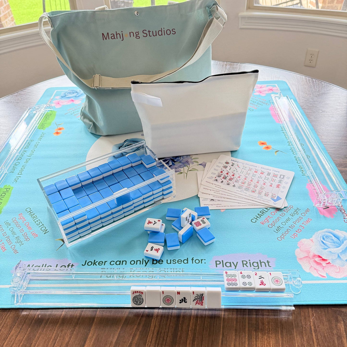 Mahjong Studios - Blue Mahjong Tiles Bundle – American Mahjong 166 Tiles, Studio Tiles Clear Racks Teal Mat: All In One - G Carry Bag + Tiles & Bag + Mat + B Racks + Instructions