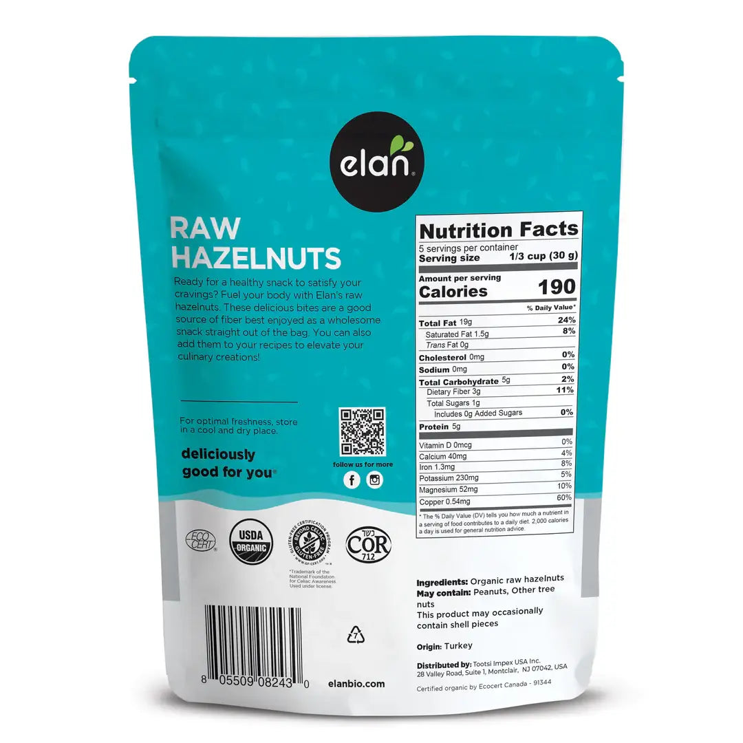 Elan - Elan Organic Raw Hazelnuts, Nuts, Snacks, Gluten Free (6 oz)