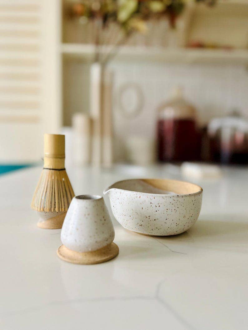 Wide bottom Matcha Bowl-Handmade Set- bowl and chasen holder: White