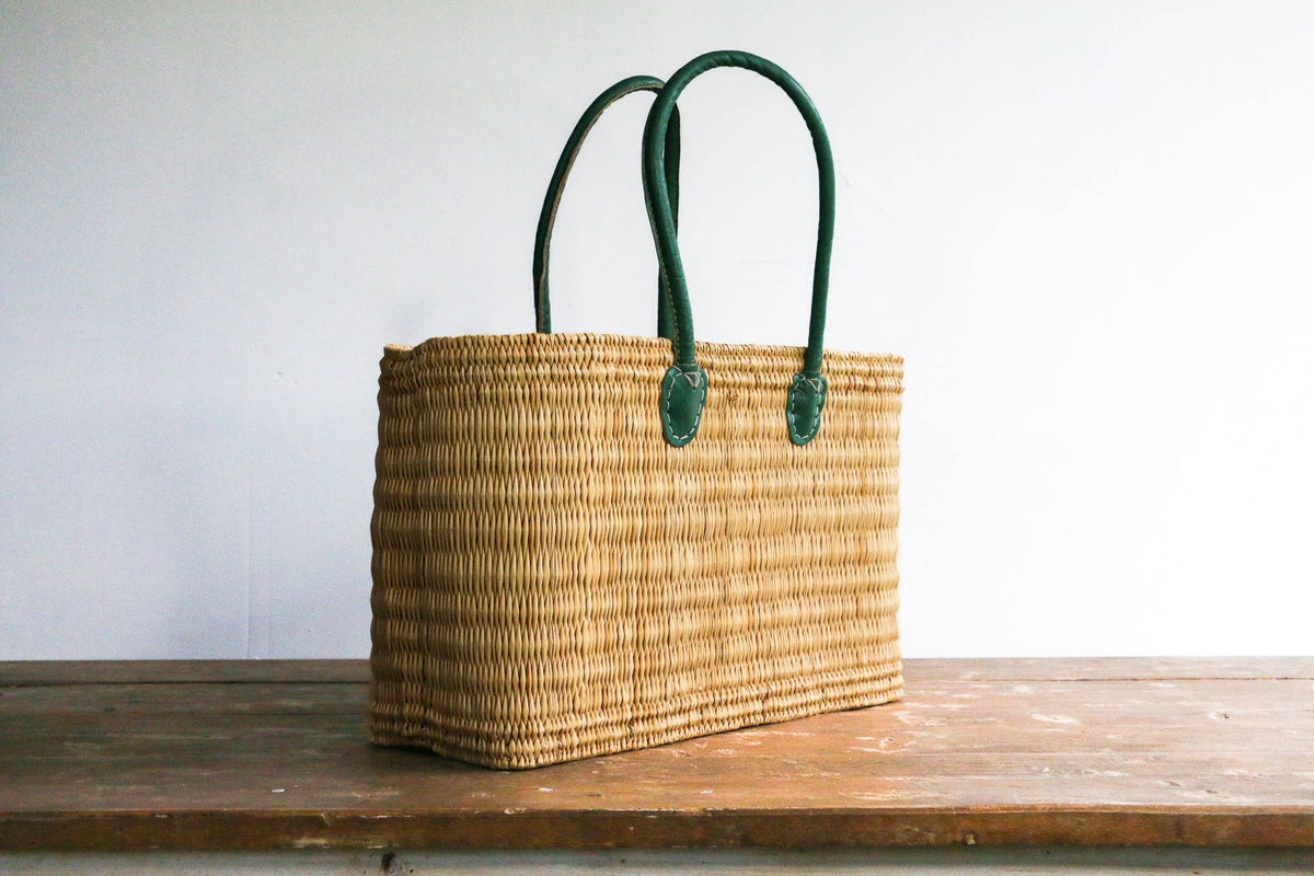 Medina - Water Reed Tote with Green Handles: Medium / Long Handle