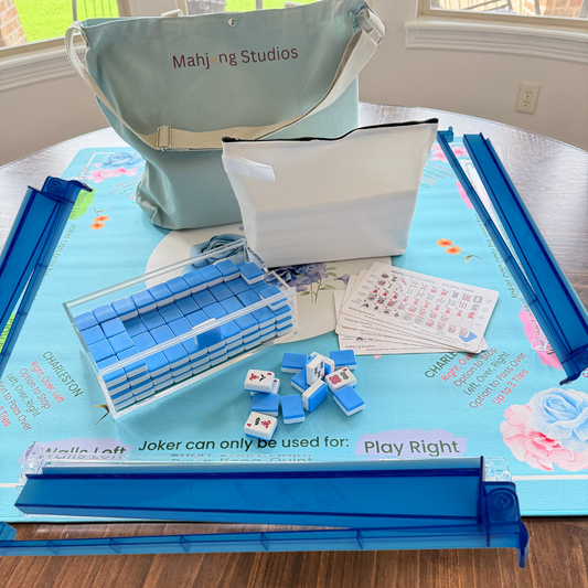 Mahjong Studios - Blue Mahjong Tiles Bundle – American Mahjong 166 Tiles, Studio Tiles Clear Racks Teal Mat: All In One - G Carry Bag + Tiles & Bag + Mat + B Racks + Instructions