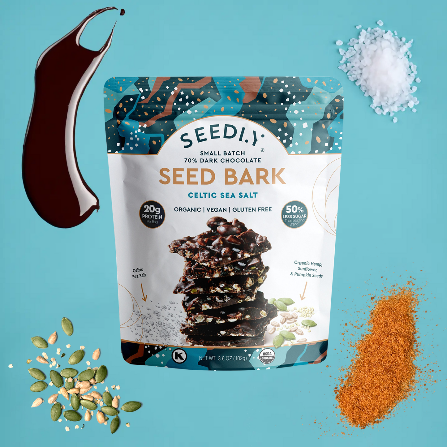 SEEDLY Foods - SEEDLY, Celtic Sea Salt, Dark Chocolate Bark, 3.6 Oz.