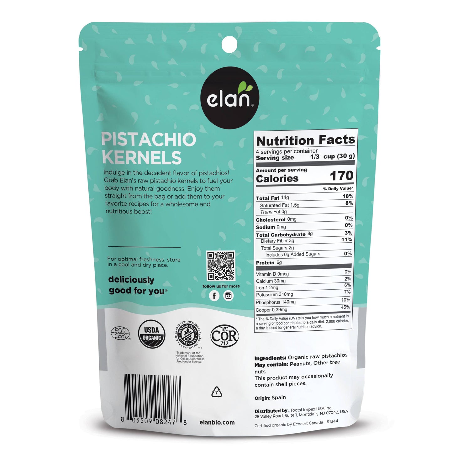 Elan - Elan Organic Raw Pistachios, Nuts, Healthy Snacks (5 oz)
