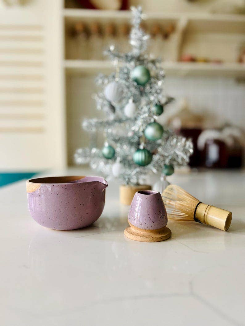Wide bottom Matcha Bowl-Handmade Set- bowl and chasen holder: White