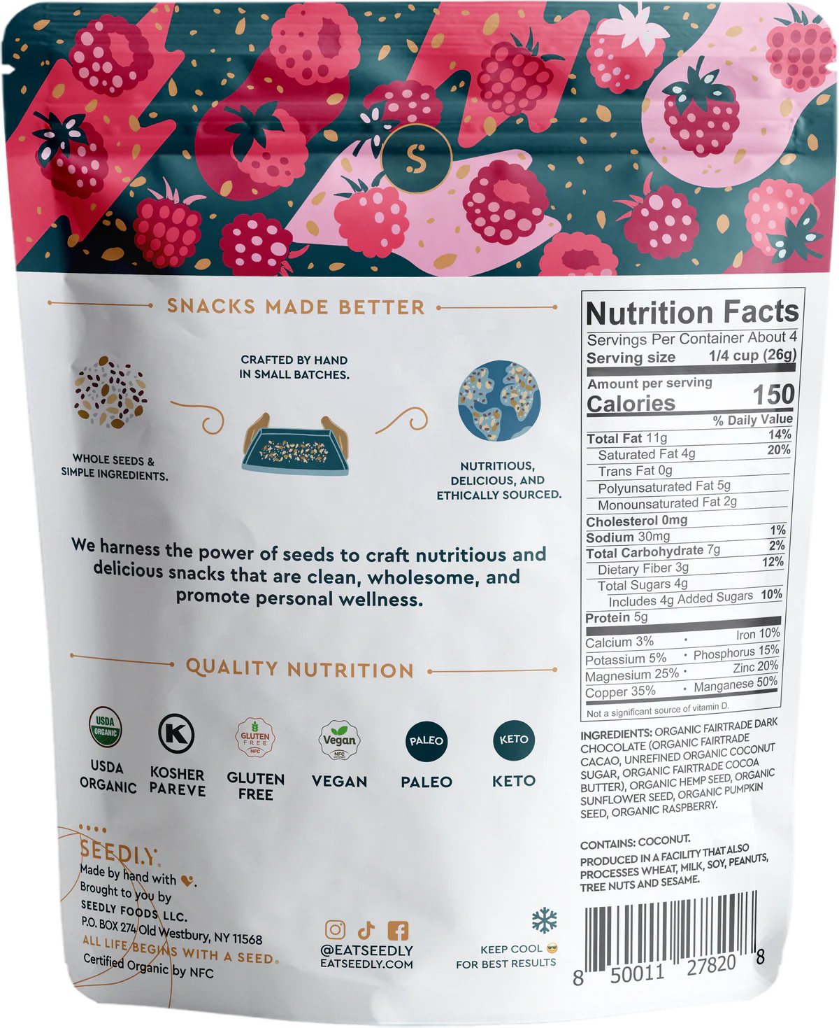 Seed Bark - Raspberry Bliss, Dark Chocolate, Organic (3.6 oz)