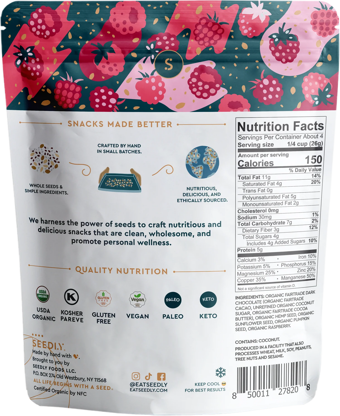 Dark Chocolate Seed Bark, Raspberry Bliss - Organic