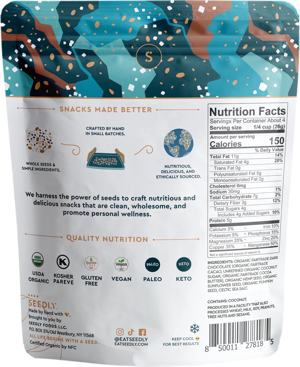 Seed Bark - Celtic Sea Salt, 70% Dark Chocolate, Organic (3.6 oz)