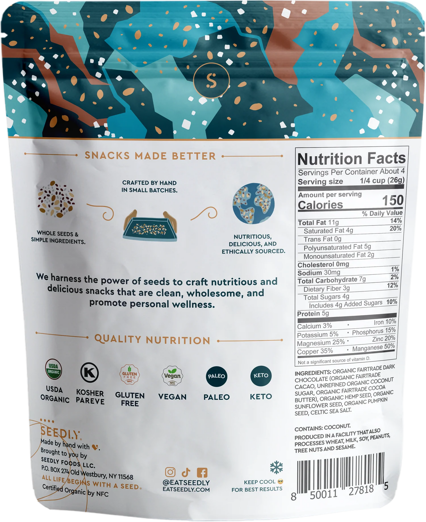 Dark Chocolate Seed Bark, Celtic Sea Salt - Organic