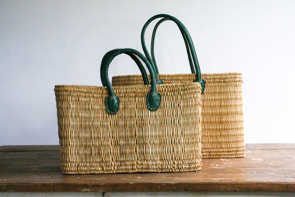 Medina - Water Reed Tote with Green Handles: Large / Long Handle