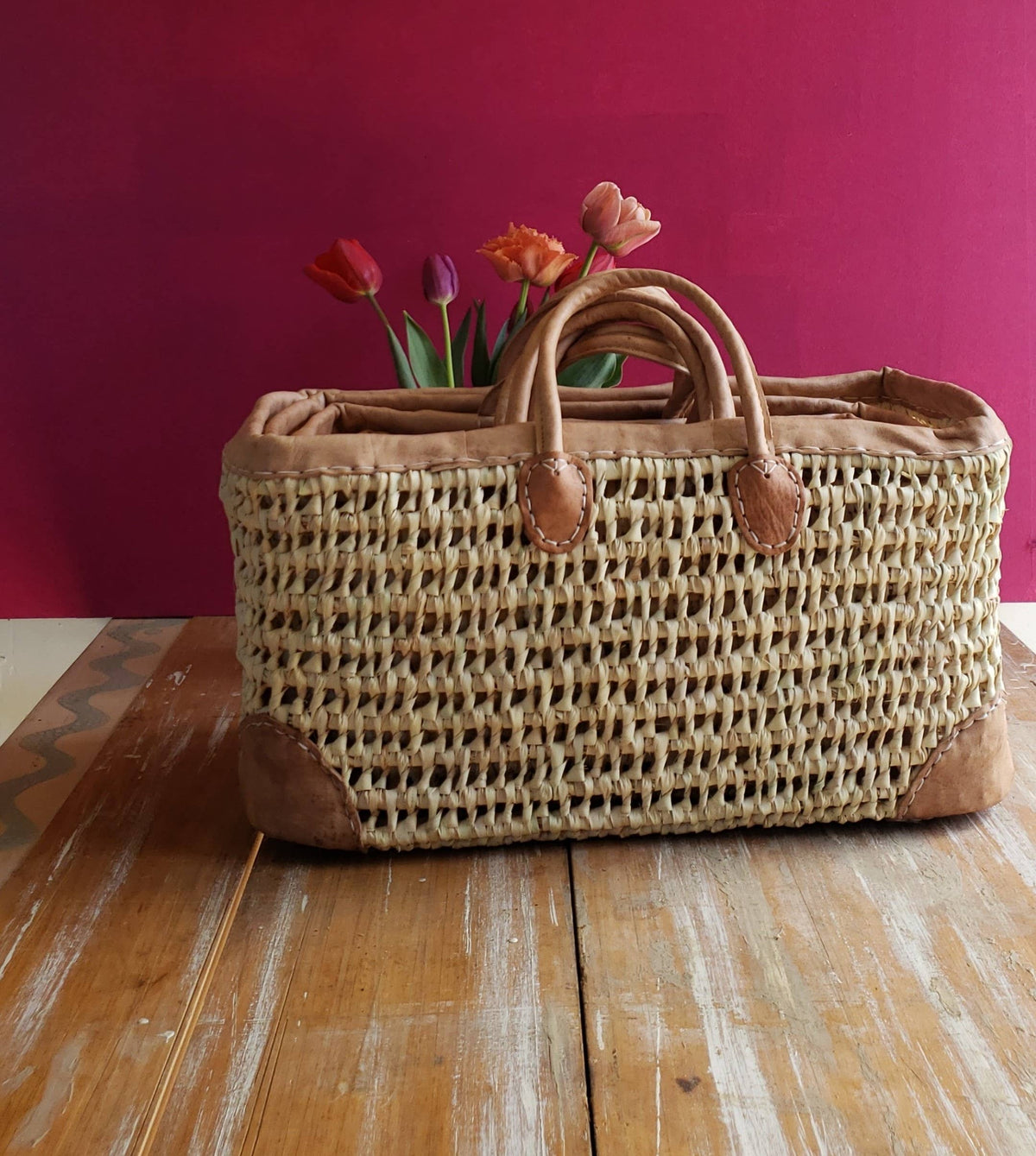 Medina - Open Weave Basket with Leather Trim: Medium