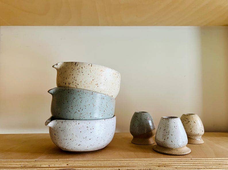 Wide bottom Matcha Bowl-Handmade Set- bowl and chasen holder: White