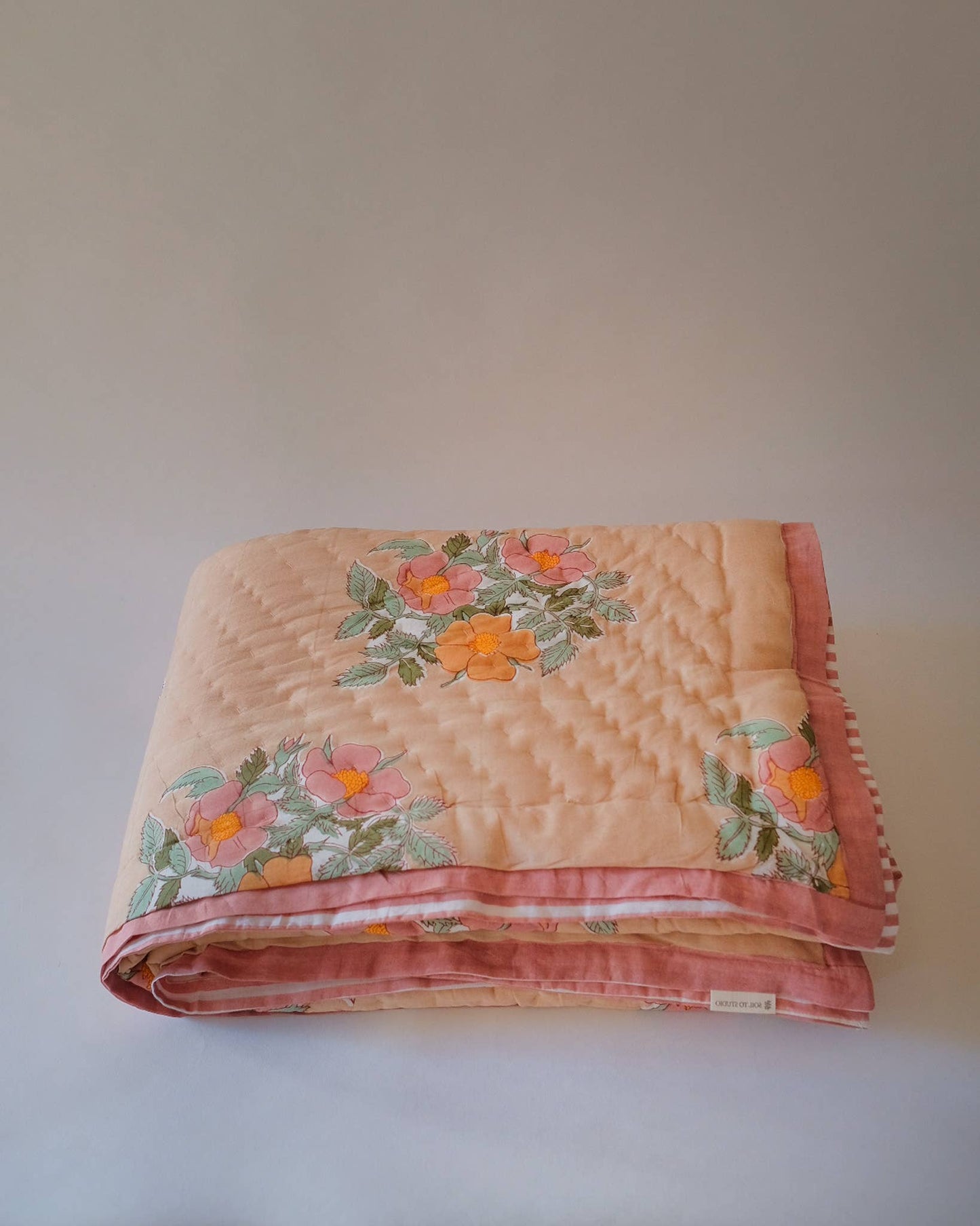 Soil to Studio - Dia - Hand Block-printed Reversible Quilt (Café au lait): Throw 50x70”