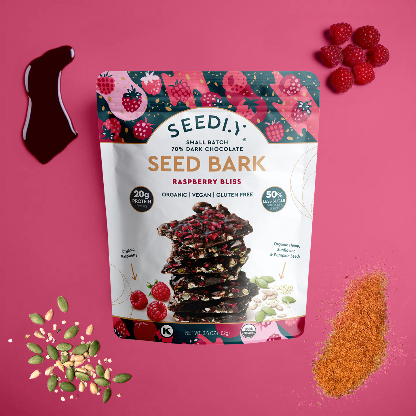 SEEDLY Foods - SEEDLY, Raspberry Bliss, Dark Chocolate Bark, 3.6 Oz.