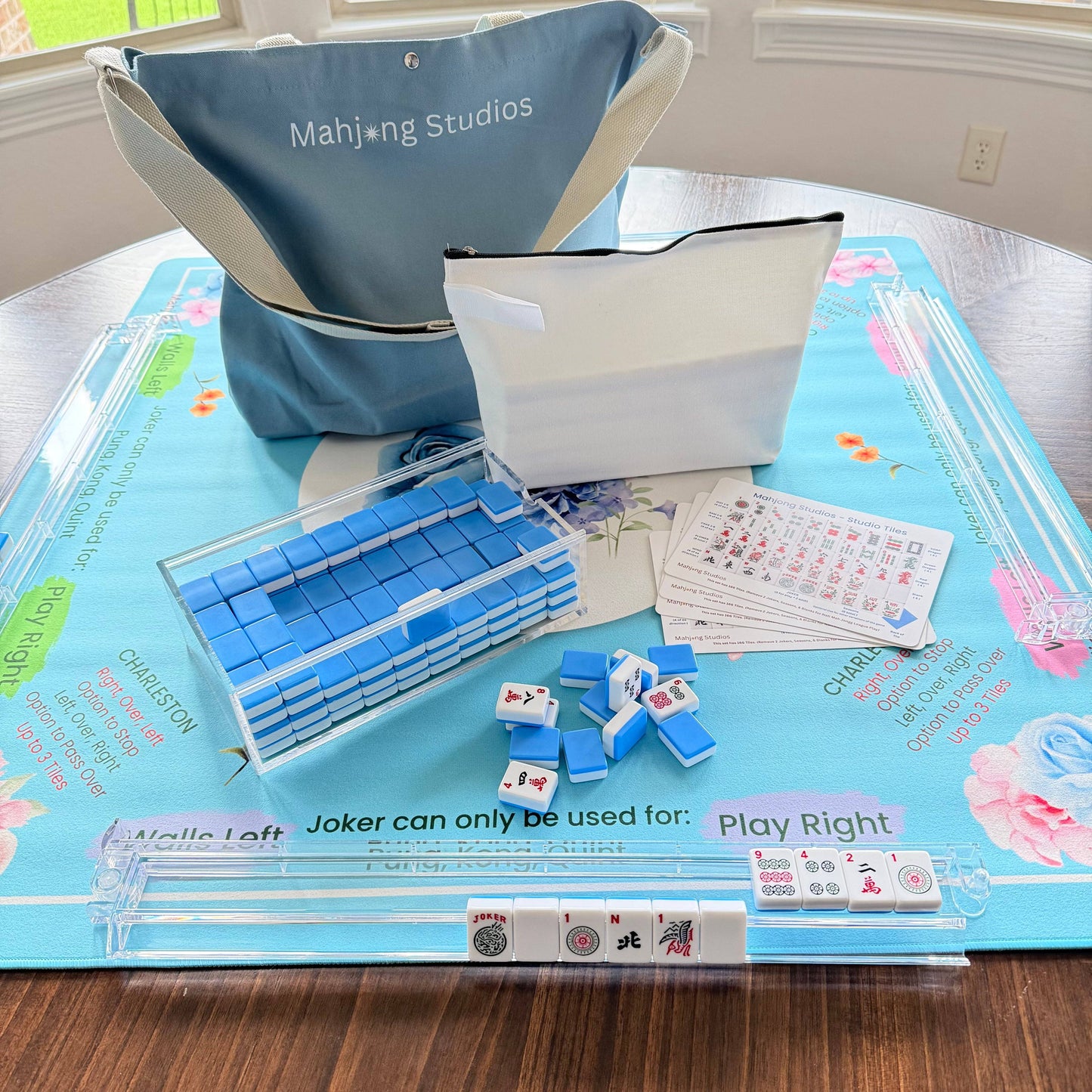 Mahjong Studios - Blue Mahjong Tiles Bundle – American Mahjong 166 Tiles, Studio Tiles Clear Racks Teal Mat: All In One - G Carry Bag + Tiles & Bag + Mat + B Racks + Instructions