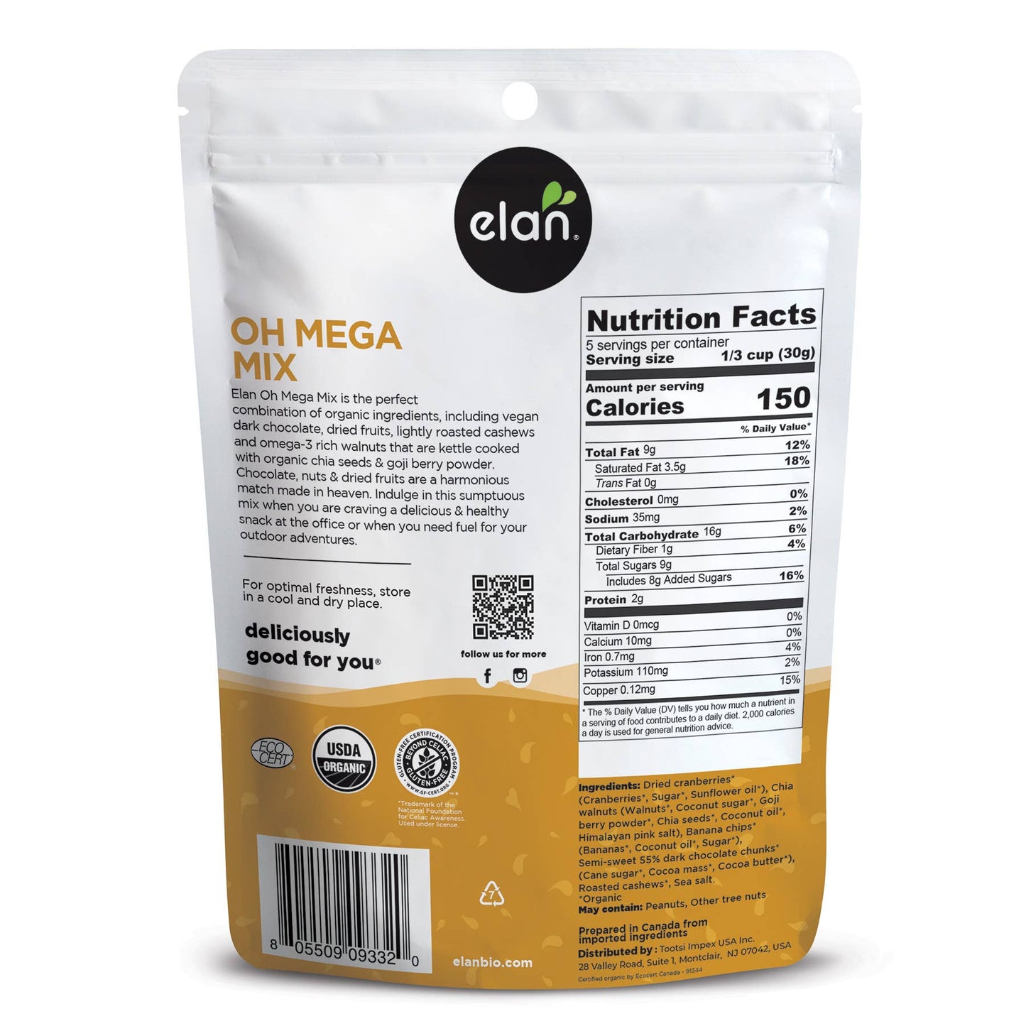 Elan - Elan Organic Oh Mega Mix Nuts, Snacks, Gluten Free (5 oz)