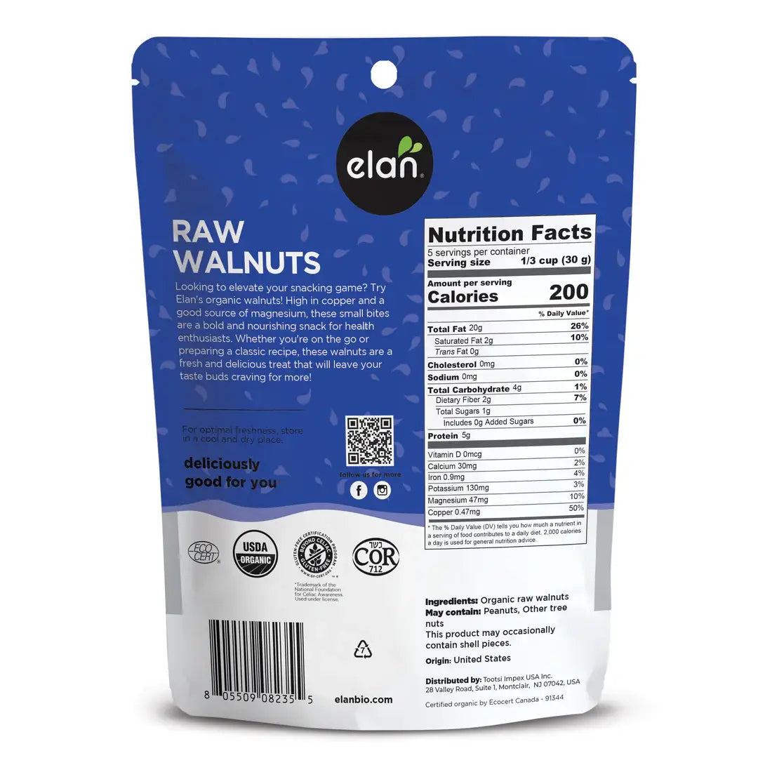 Elan - Elan Organic Raw Walnuts, Nuts, Snacks, Gluten Free (5 oz)