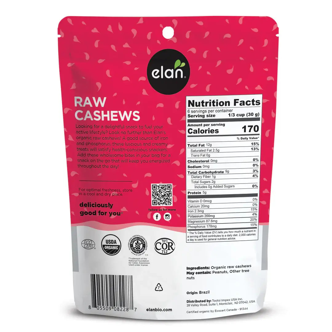 Elan - Elan Organic Raw Cashews, Nuts, Snacks, Gluten Free (7 oz)