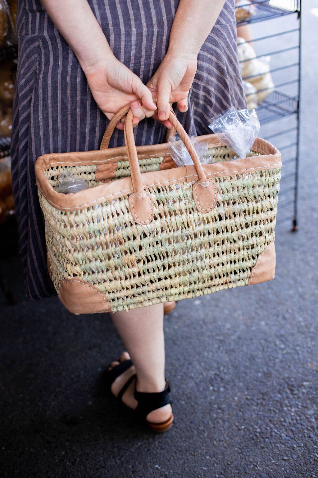 Medina - Open Weave Basket with Leather Trim: Medium